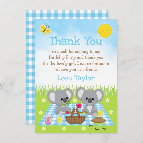 Koala Bears Picnic Birthday Blue Gingham Thank You Card