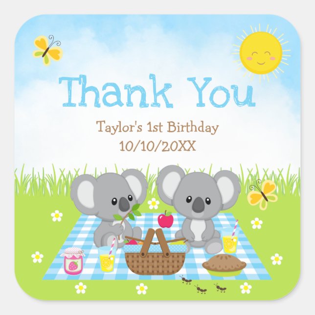 Koala Bears Picnic Birthday Blue Gingham Thank You Square Sticker (Front)