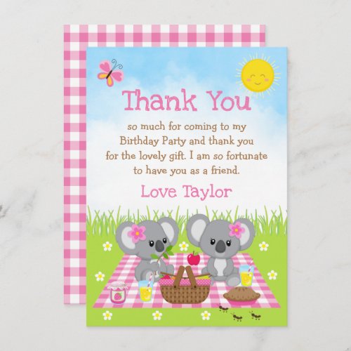 Koala Bears Picnic Birthday Pink Gingham Thank You Card