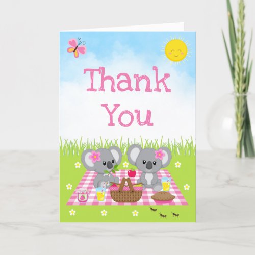 Koala Bears Picnic Birthday Pink Gingham Thank You Card