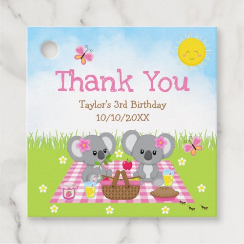 Koala Bears Picnic Birthday Pink Gingham Thank You Favor Tags