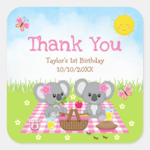 Koala Bears Picnic Birthday Pink Gingham Thank You Square Sticker