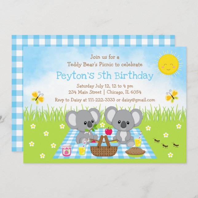 Koala Bear's Picnic Blue Gingham Birthday Invitation (Front/Back)