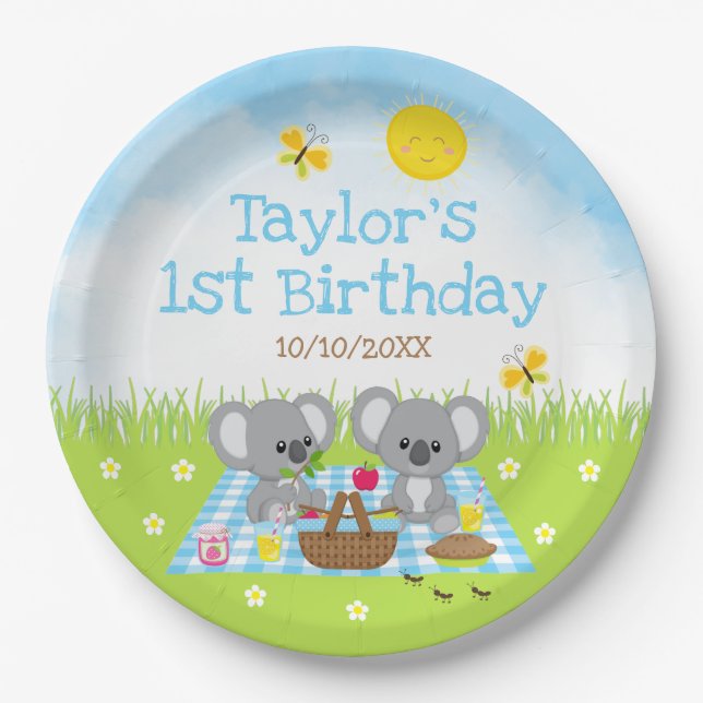 Koala Bears Picnic Blue Gingham Birthday Party Paper Plates (Front)