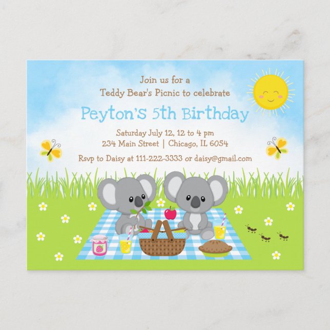 Koala Bear's Picnic Blue Gingham Birthday Postcard (Front)