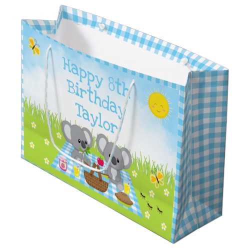 Koala Bears Picnic Blue Gingham Happy Birthday Large Gift Bag