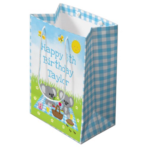 Koala Bears Picnic Blue Gingham Happy Birthday Medium Gift Bag