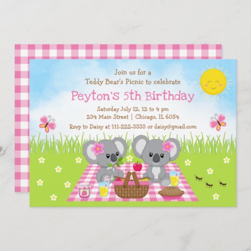 Koala Bears Picnic Pink Gingham Birthday Invitation