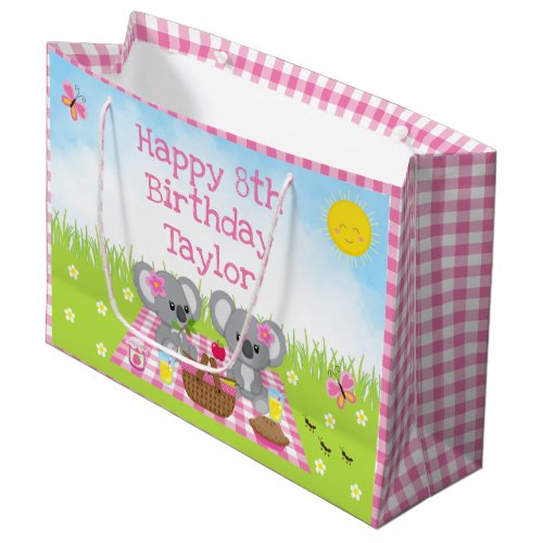 Koala Bears Picnic Pink Gingham Happy Birthday Large Gift Bag