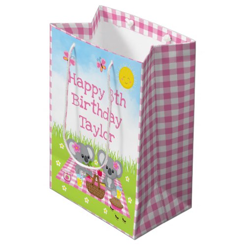 Koala Bears Picnic Pink Gingham Happy Birthday Medium Gift Bag