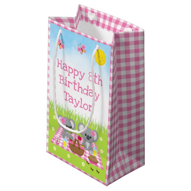 Koala Bears Picnic Pink Gingham Happy Birthday Small Gift Bag (Front Angled)