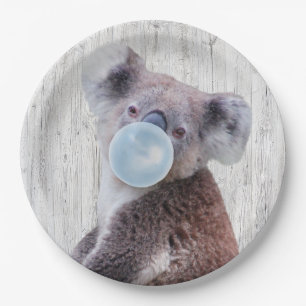 Koala Blowing Blue Bubble gum Wood Texture   Paper Plates