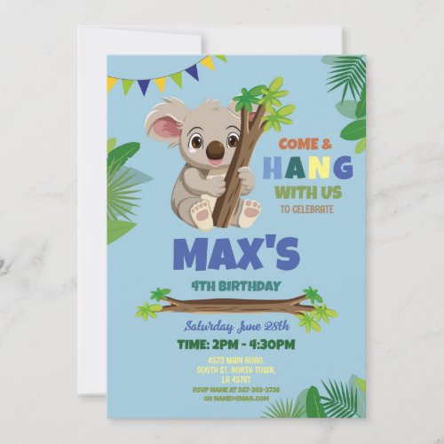 Koala Blue Party Birthday Cute  Invitation