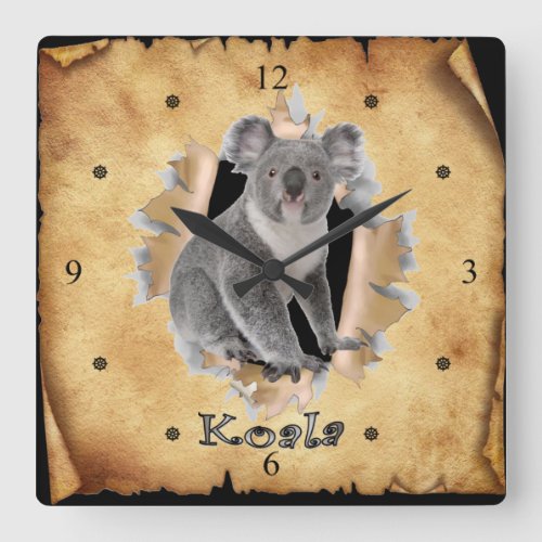 Koala Breaks Through Paper Bag Clock   Square Wall Clock