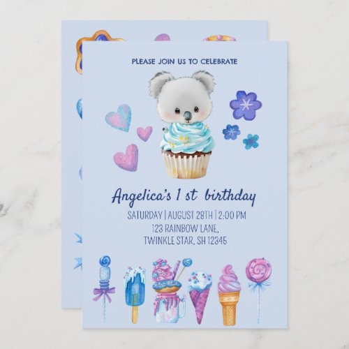 koala cake Ice_cream Blue Watercolor 1st Birthday Invitation