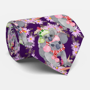 Koala Christmas Botanical Festive Purple Neck Tie