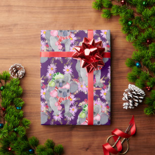 Koala Christmas Botanical Festive Purple Wrapping Paper