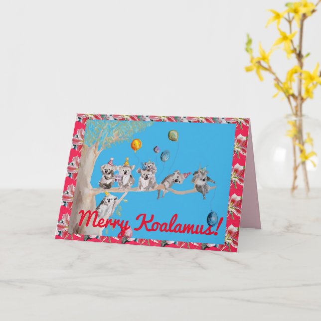 Koala Christmas Card Merry Koalamus Childs Card (Yellow Flower)