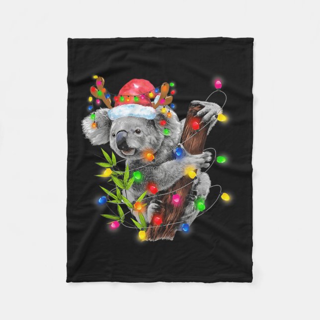 Koala Christmas Lights Funny Santa Hat Merry Chris Fleece Blanket (Front)