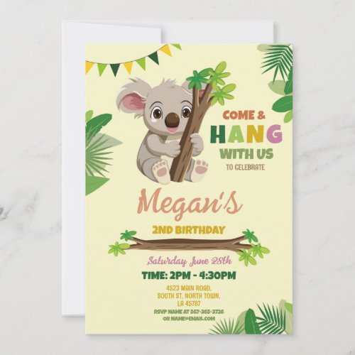 Koala Cute Girls Party Birthday Cream Invitation