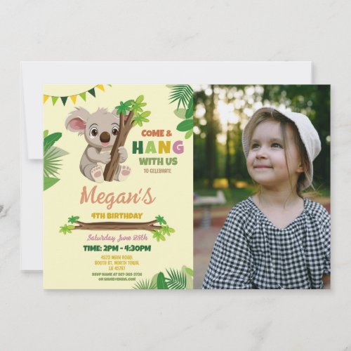 Koala Cute Girls Party Birthday Cream Photo Invitation