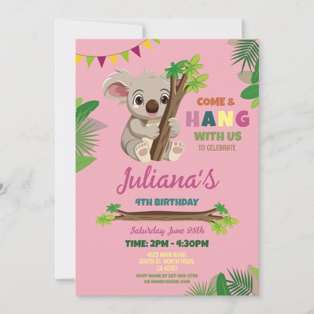 Koala Cute Girls Party Birthday Pink Invitation (Front)
