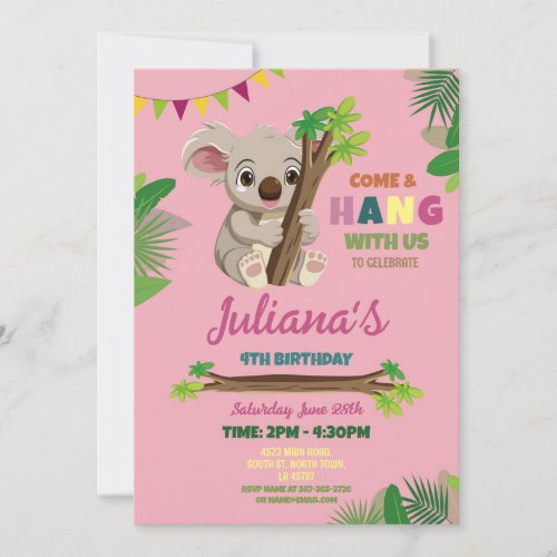 Koala Cute Girls Party Birthday Pink Invitation