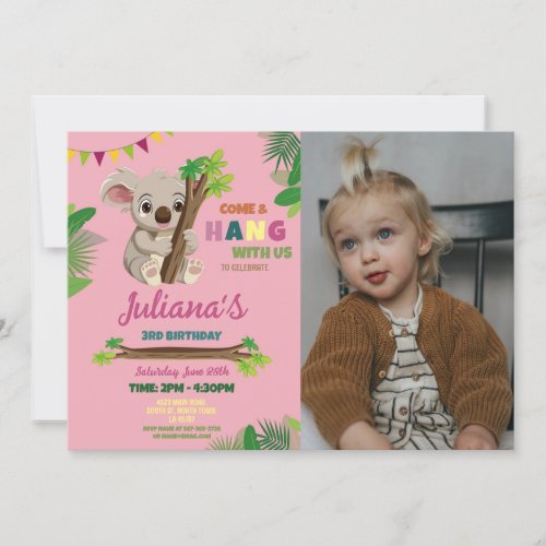 Koala Cute Girls Party Birthday Pink Photo Invitation