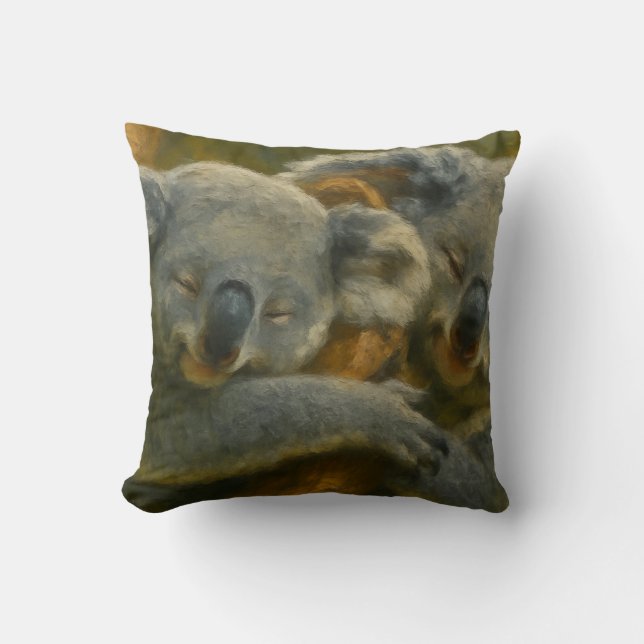 Koala Embrace – Tender Wildlife Moment Throw Pillow (Front)
