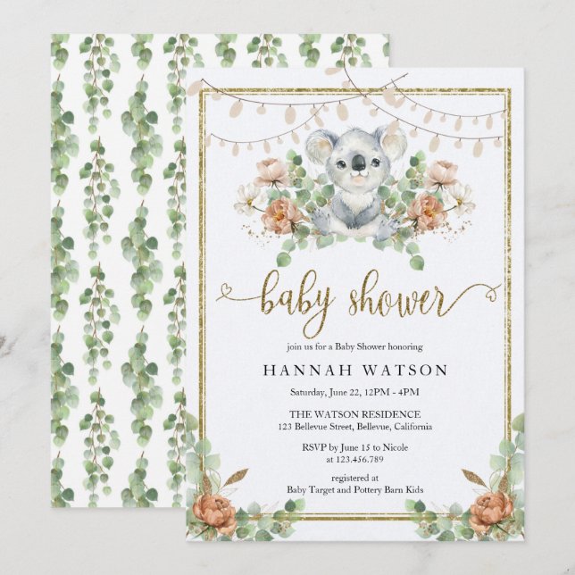 Koala Eucalyptus Woodland Boho Baby Shower Invitation (Front/Back)