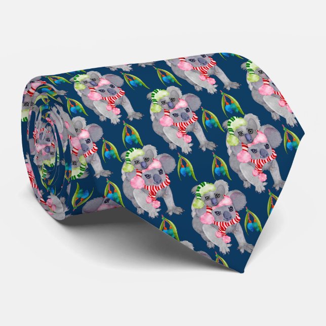 Koala Family Blue Christmas Neck Tie (Rolled)