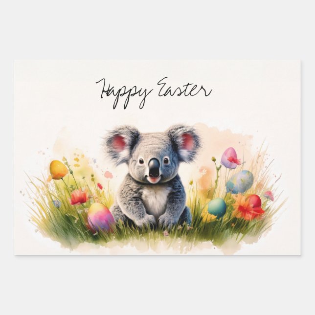 Koala field of Easter eggs Happy Easter Wrapping Paper Sheets (Front)