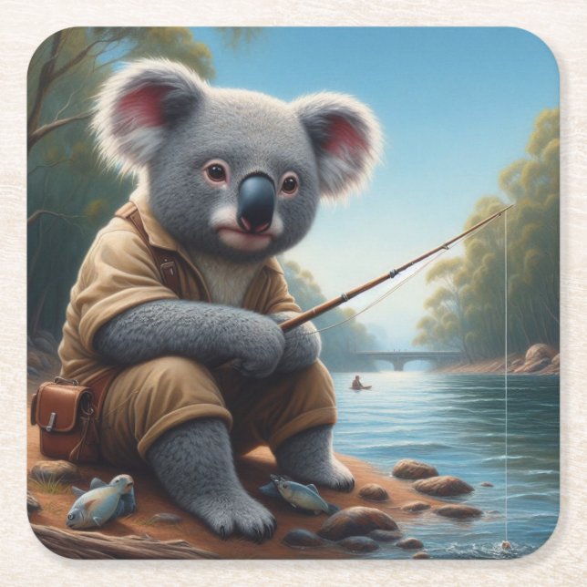 Koala Fishing Square Paper Coaster (Front)