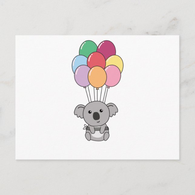 Koala Flies Up With Colorful Balloons Postcard (Front)