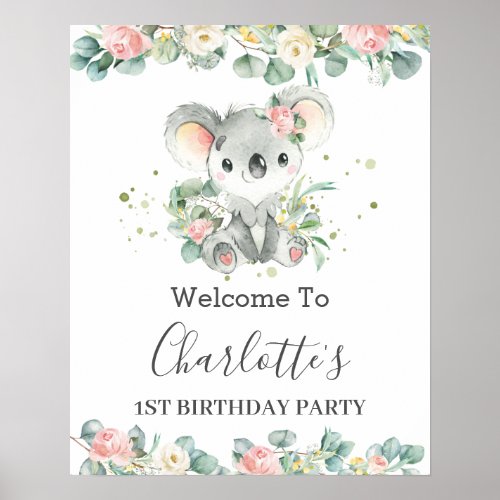 Koala Floral Greenery Baby Shower Birthday Welcome Poster