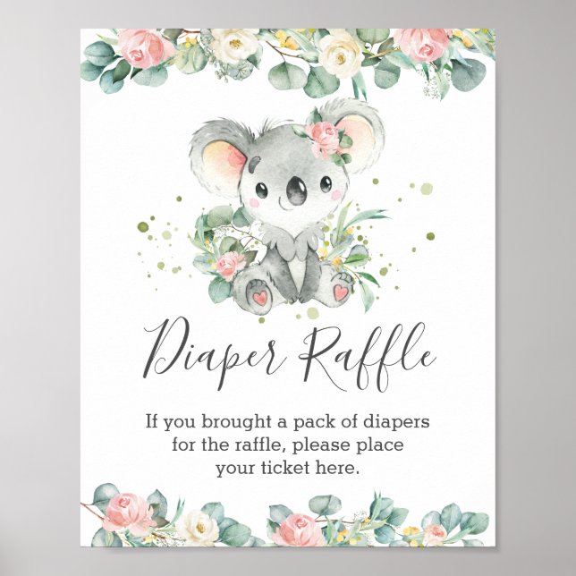 Koala Floral Greenery Baby Shower Diaper Raffle  Poster (Front)