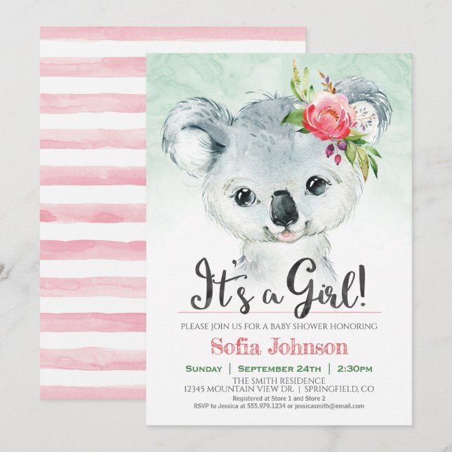 Koala Girl Baby Shower Invitation (Front/Back)