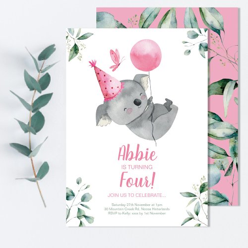 Koala Girl Birthday Invitation