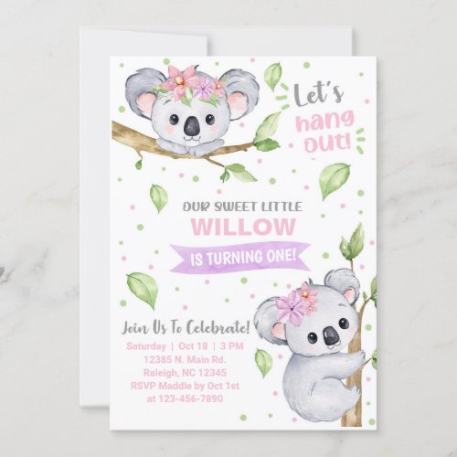 Koala girl birthday invitation any age invitation