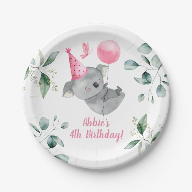Koala Girl Birthday Paper Plates (Front)