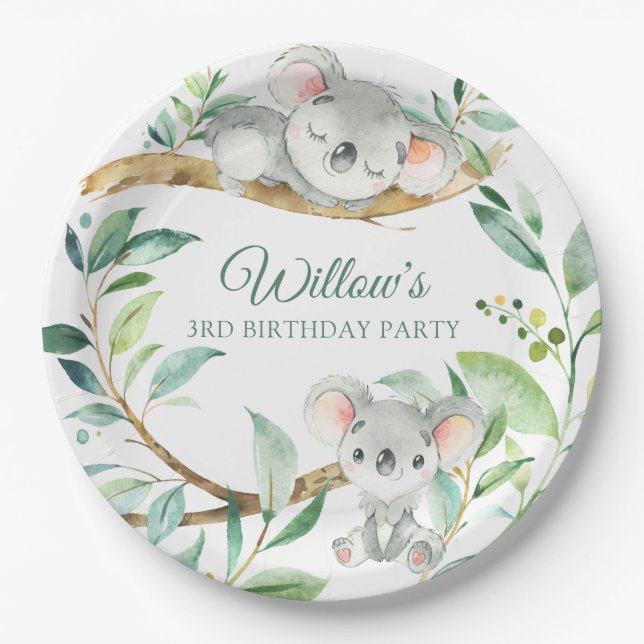 Koala Green and Gray Custom Birthday Party Paper Plates (Front)