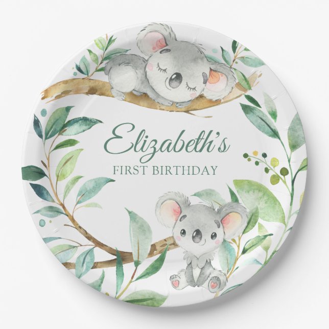 Koala Green and Gray Gender Neutral Baby Birthday Paper Plates (Front)