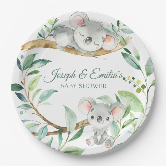 Koala Green and Gray Gender Neutral Baby Shower Paper Plates (Front)