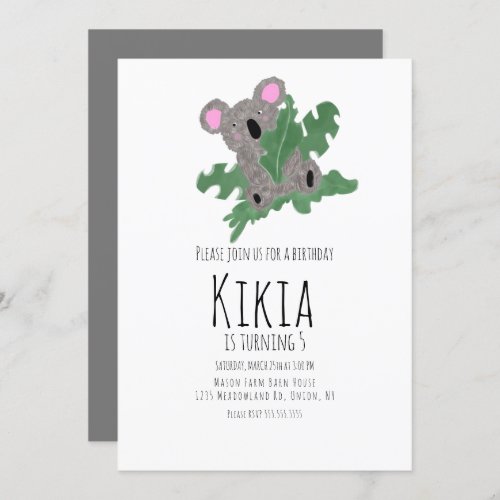 Koala Hand Drawn Animal Birthday Party  Invitation