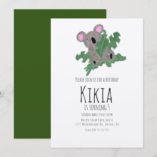 Koala Hand Drawn Animal Green Birthday Party Invitation (Front/Back)
