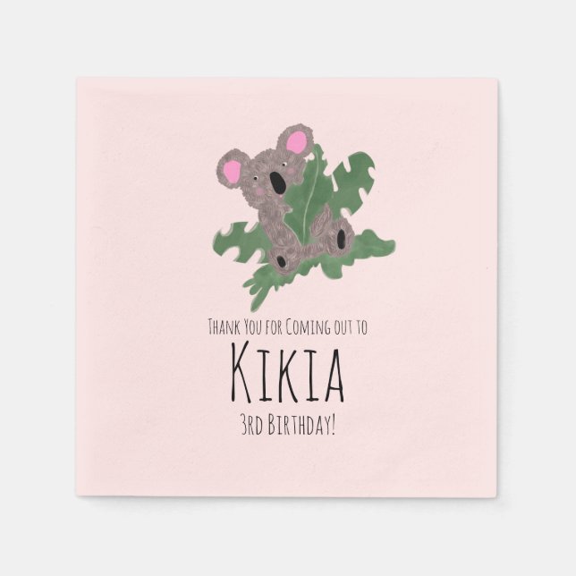Koala Hand Drawn Animal Green Birthday Party   Napkins (Front)