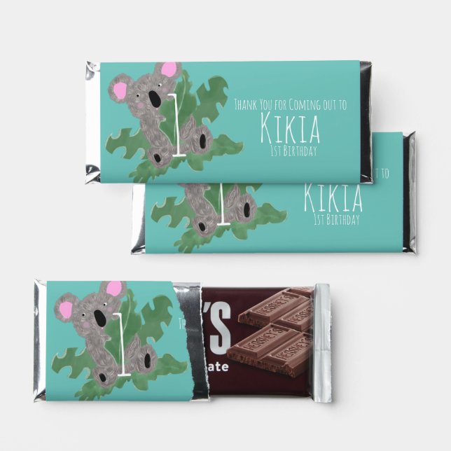Koala Hand Drawn Bear 1st Birthday   Hershey Bar Favors (Front)