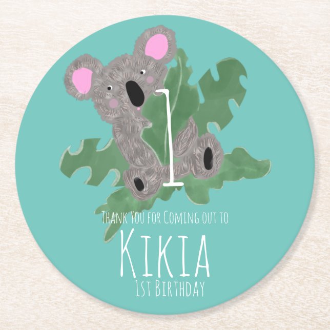 Koala Hand Drawn Bear 1st Birthday  Round Paper Coaster (Front)