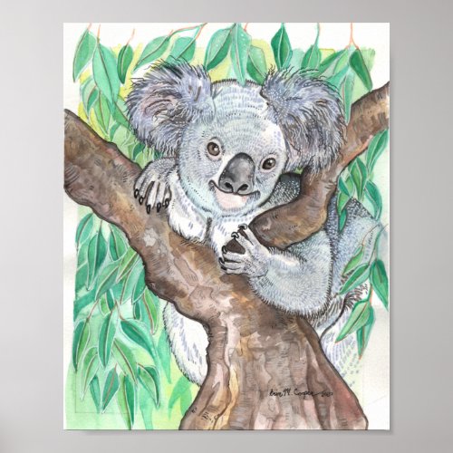 Koala in Eucalyptus Tree Painting Poster