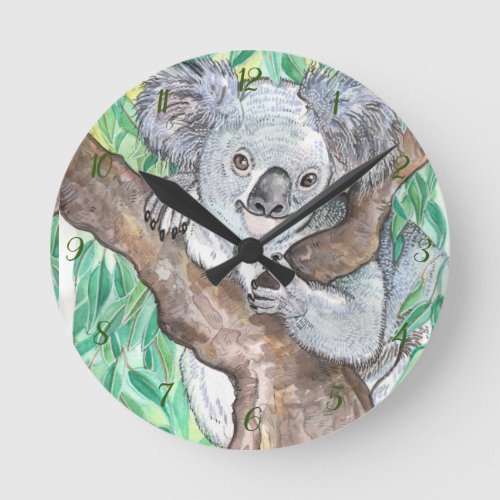 Koala in Eucalyptus Tree Painting Round Clock